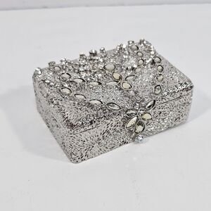 Silver Metal Rhinestone Trinket Box Ring Holder 3.5x2.5×1.5 Wedding Glam Bling
